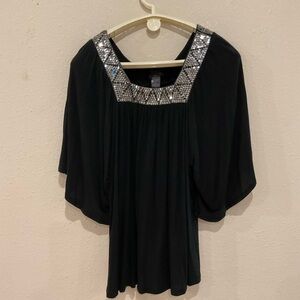 Forever 21 Flowy Blouse Square Sequin Neckline Flutter Sleeves Black Women’s Med